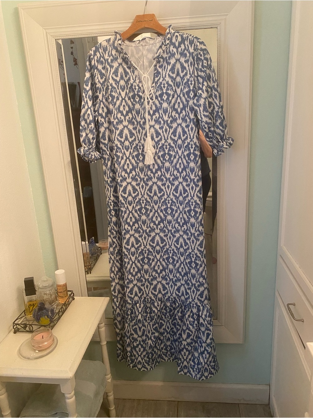 Blue & White Ikat Maxi Dress with Tassel Tie